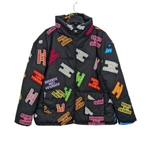 A**holes Live Forever Puffer Jacket Size XL Zip Up Spell Out Gorpcore Streetwear